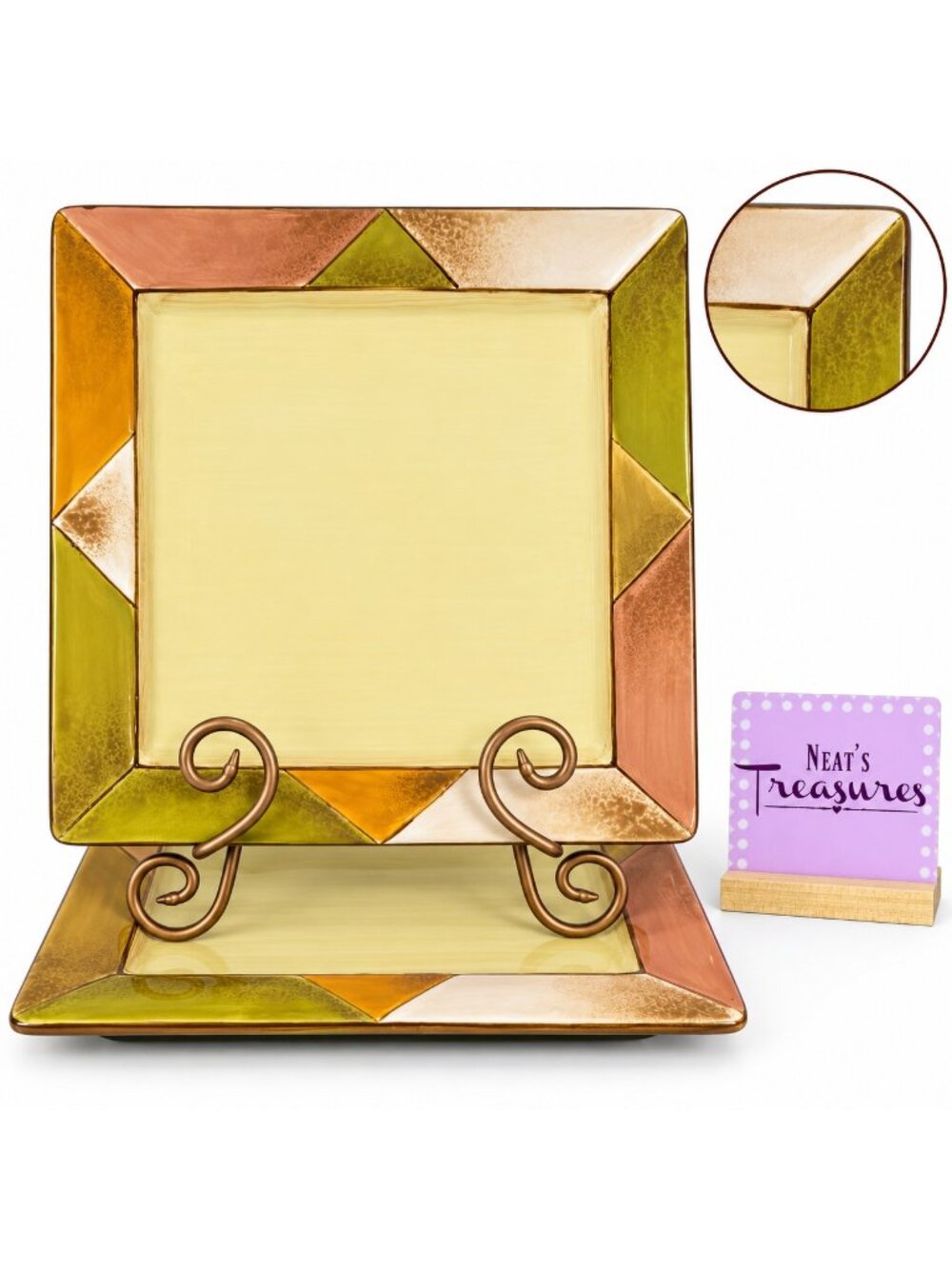 Clay Art DIAMONDS Stonelite Rust Tan Green White Square Dinner Plates Set of 2